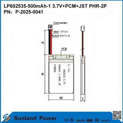 LP602535-500mAh-1 3.7V+PCM+JST PHR-2P battery