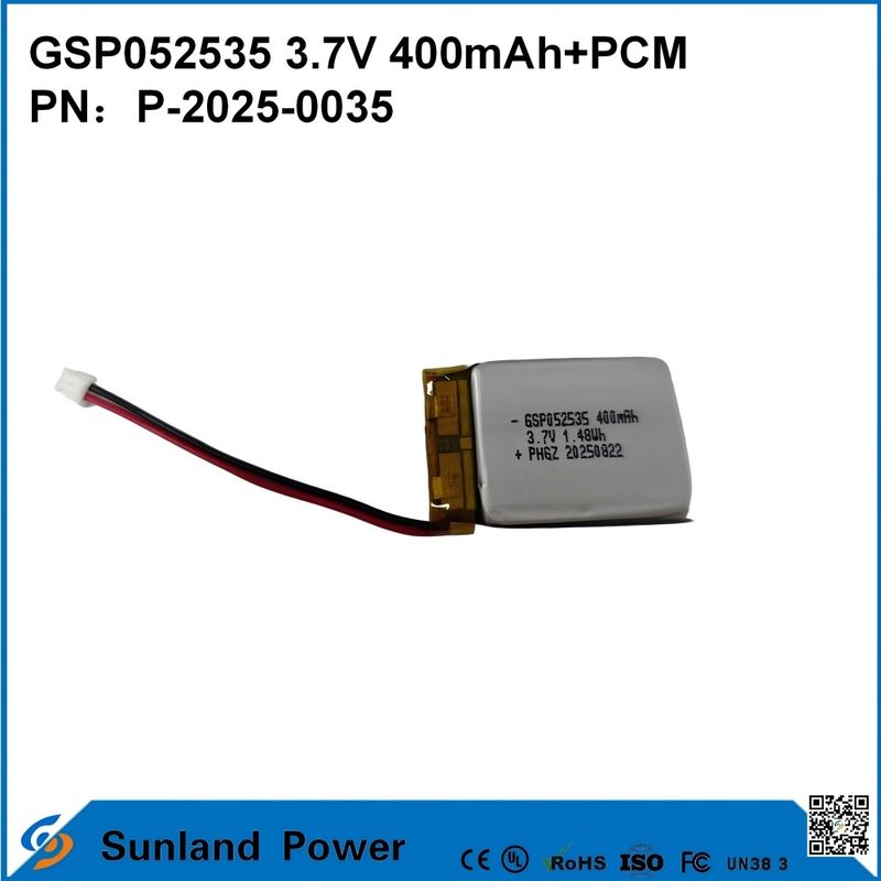 GSP052535 3.7V 400mAh+PCM Batterie utilisée dans les radios compactes bidirectionnelles, les enregistreurs vocaux, les mini-traqueurs GPS, les stylos intelligents et les appareils similaires